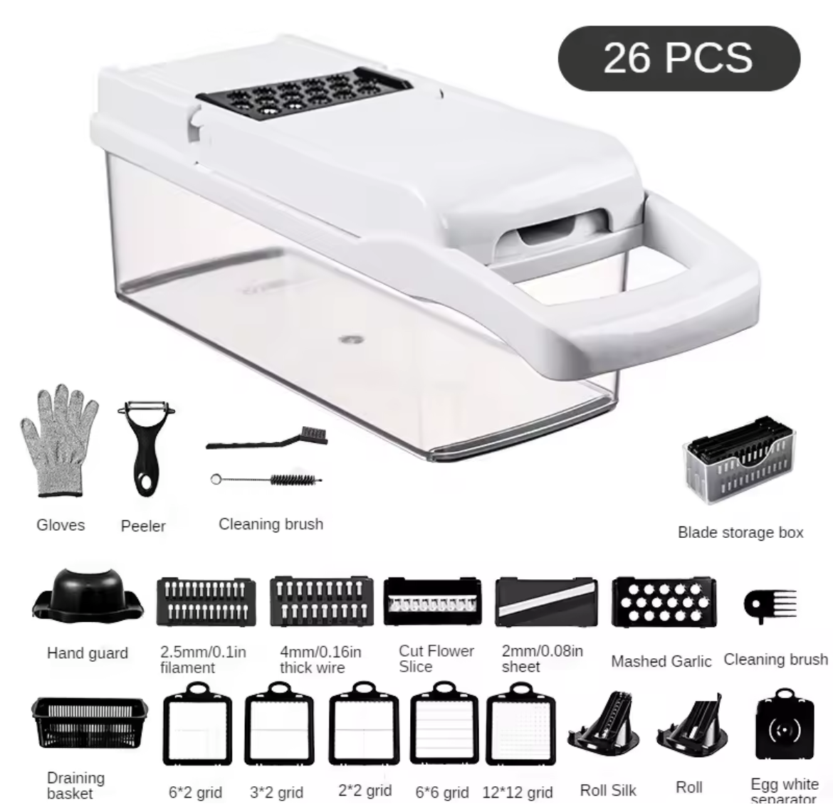 26 piece set of multifunctional vegetable slicer, household planer, kitchen cutting utensil, onion slicer, diced and diced